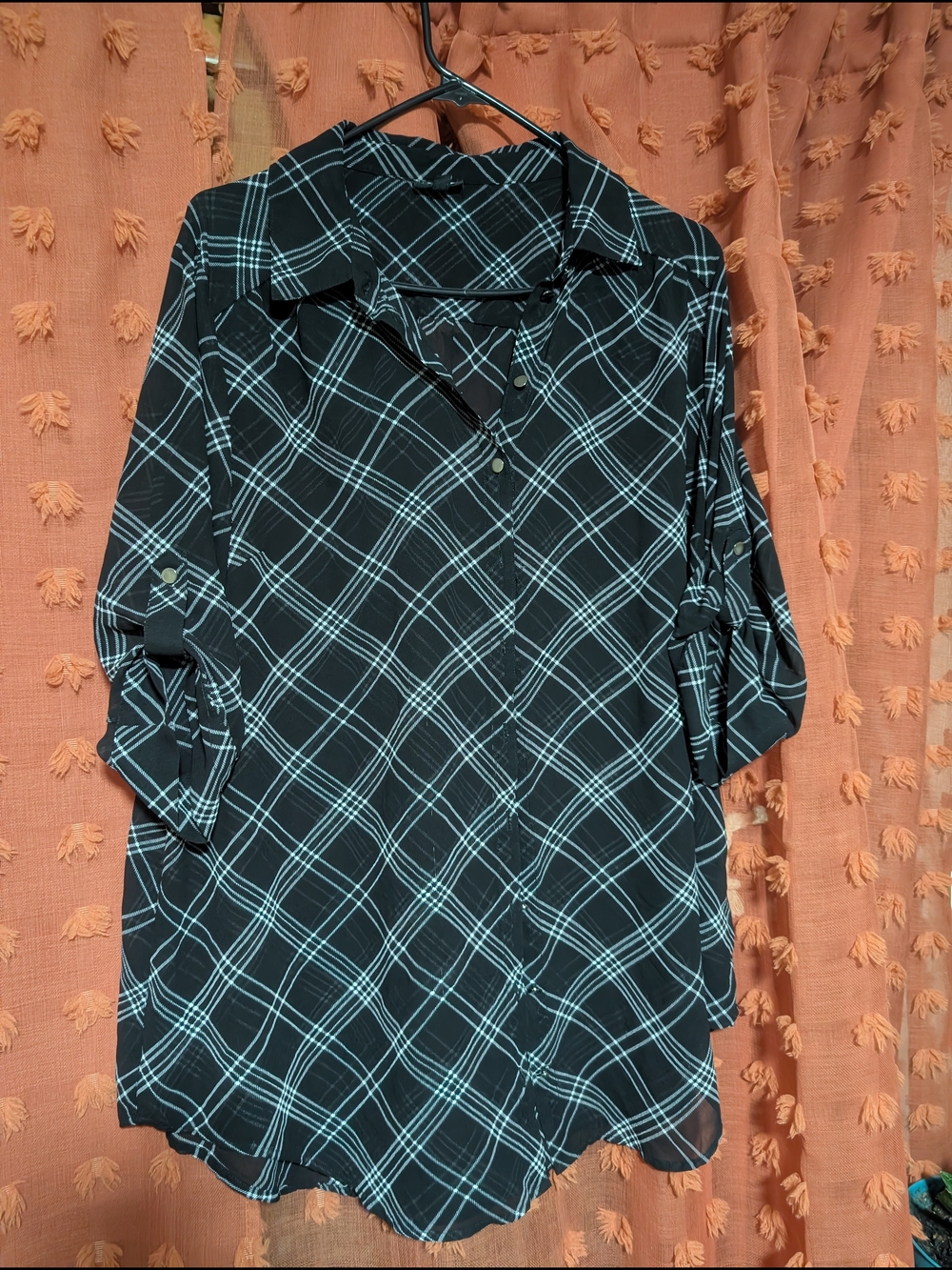 Torrid Size 0 Black Shirt Plaid Button-Down 3/4 Sleeve